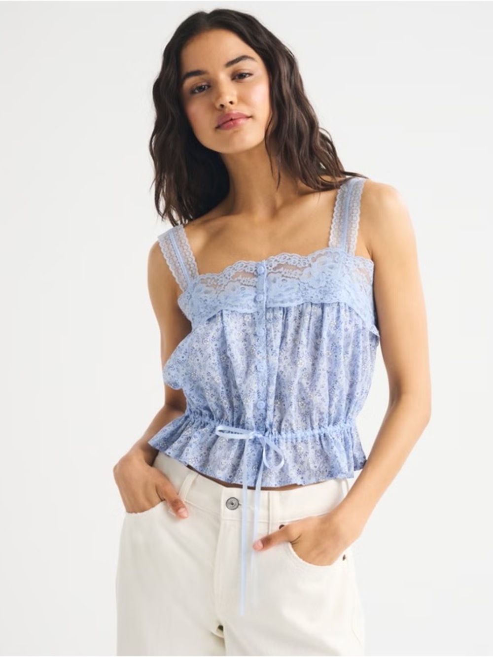 Abercrombie & Fitch Light Blue Lace-Trim Floral Cami